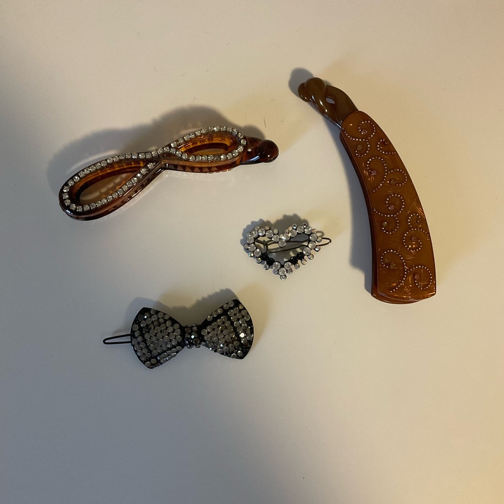Brown and Black Hair Clip Set, clear rhinestones, birthday gift, Christmas gift